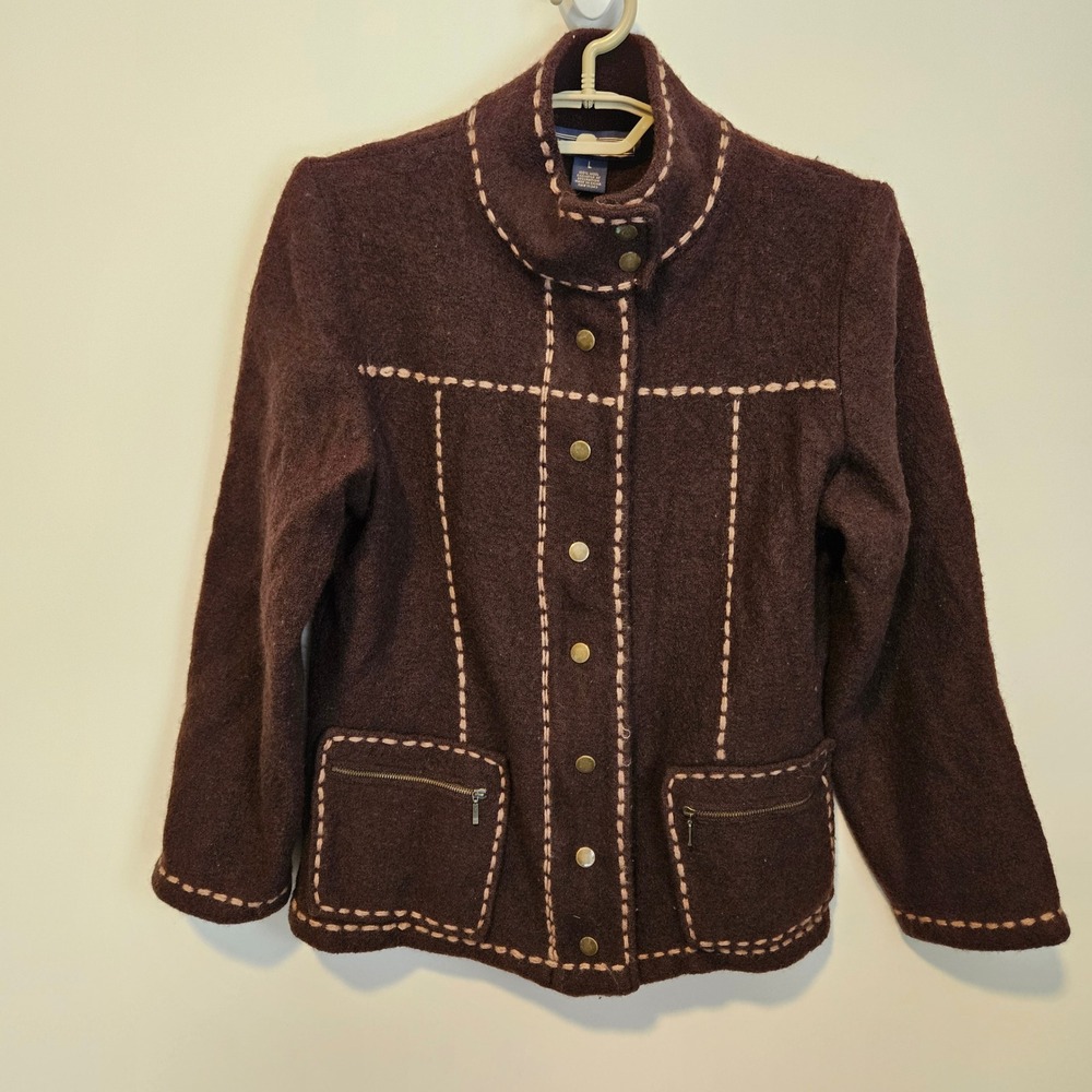Herman Geist Snap Front Jacket Large 100% Wool Fall Lightweight Earthy Scarecrow